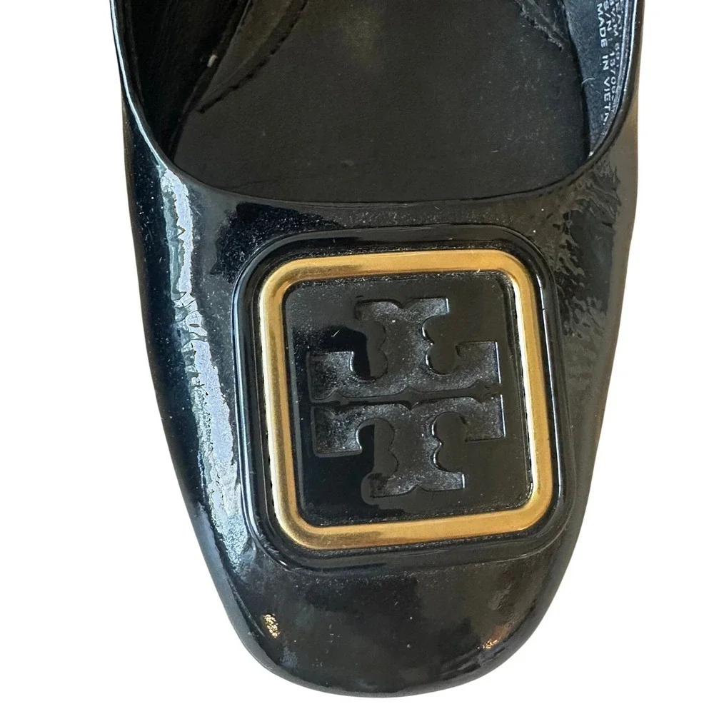 Tory Burch Georgia Black Patent Slingback Block Heel Pumps Size 8.5
